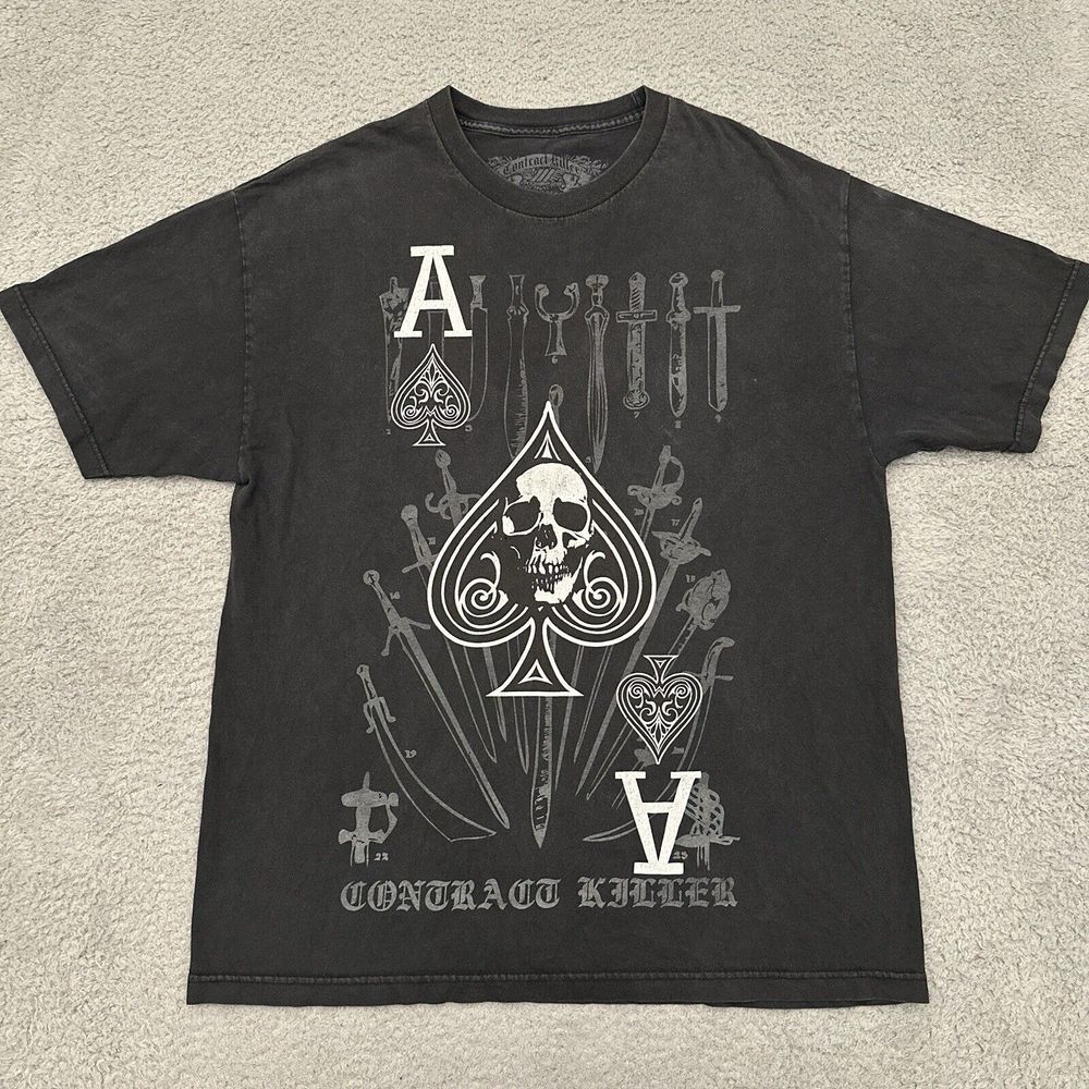 Y2K Contract Killer T-Shirt Men's XL Black Grunge‎ Skulls Ace of Spades Skater